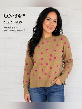 ON 34TH Women’s Small Tan & Hot Pink Polka Dot Crewneck Sweater